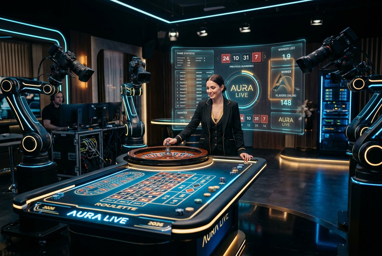 A modern 4K live casino studio with a professional dealer and high-tech equipment.