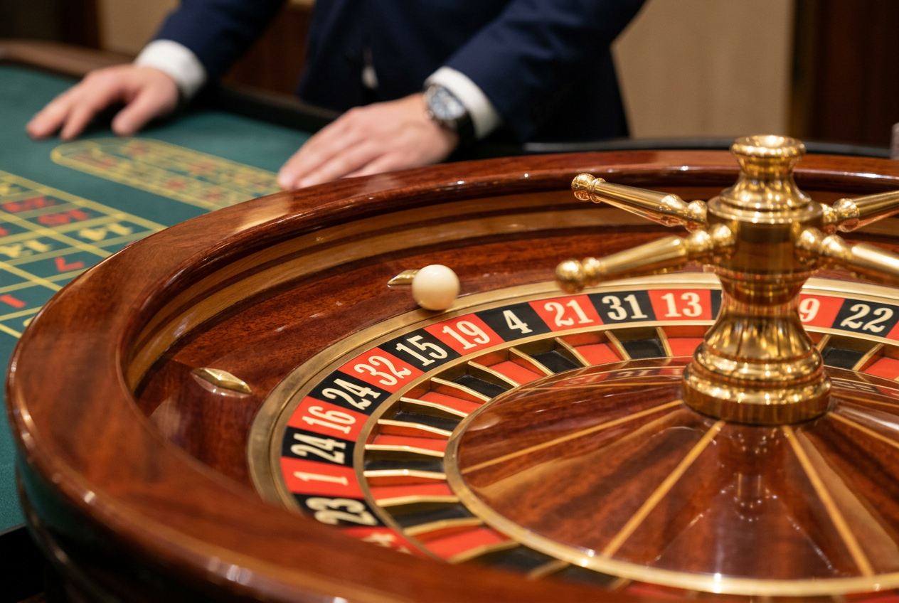 Close-up of a physical roulette wheel in a live studio setting.