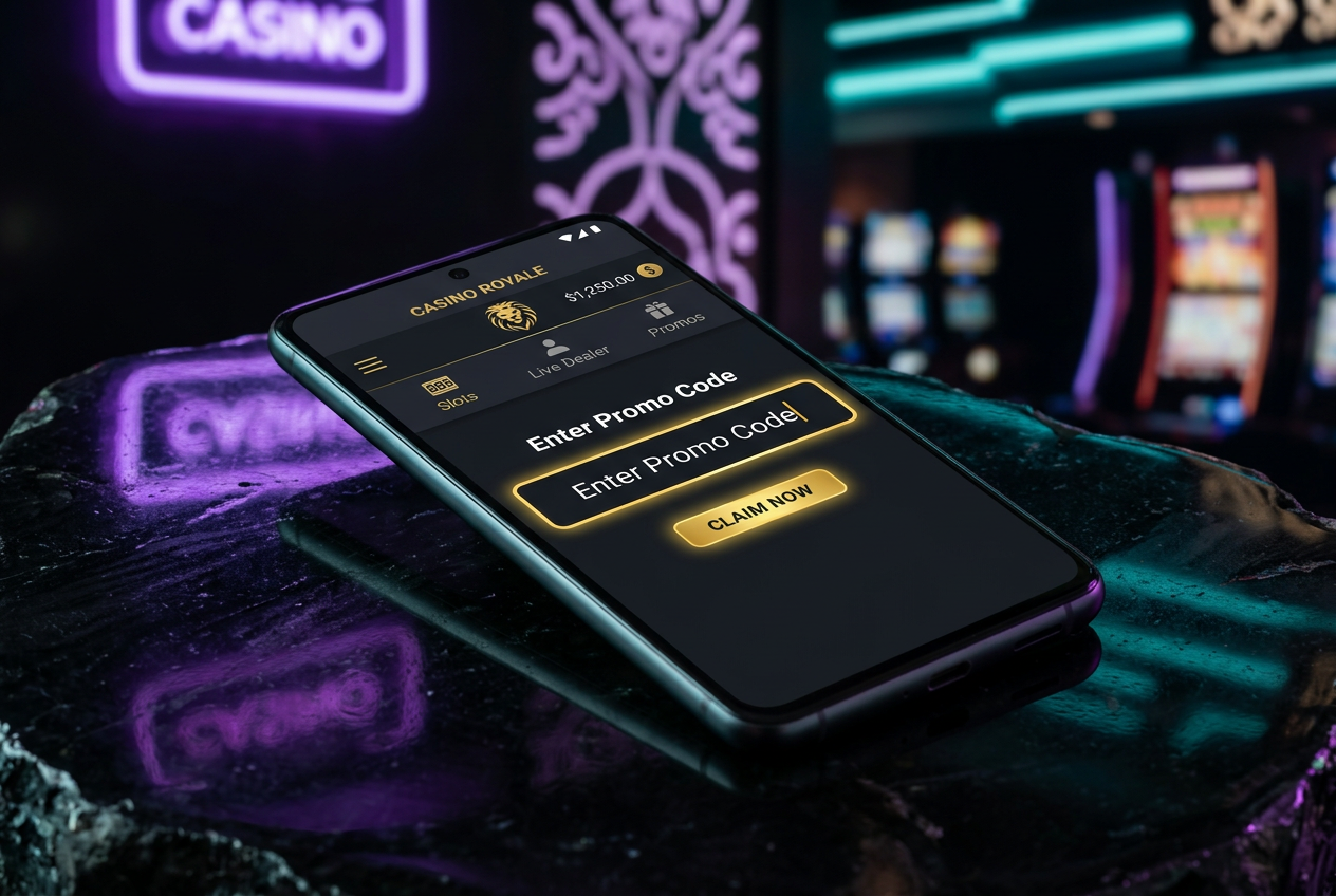 A high-end smartphone displaying a casino promo code entry field in a dark mode application interface.