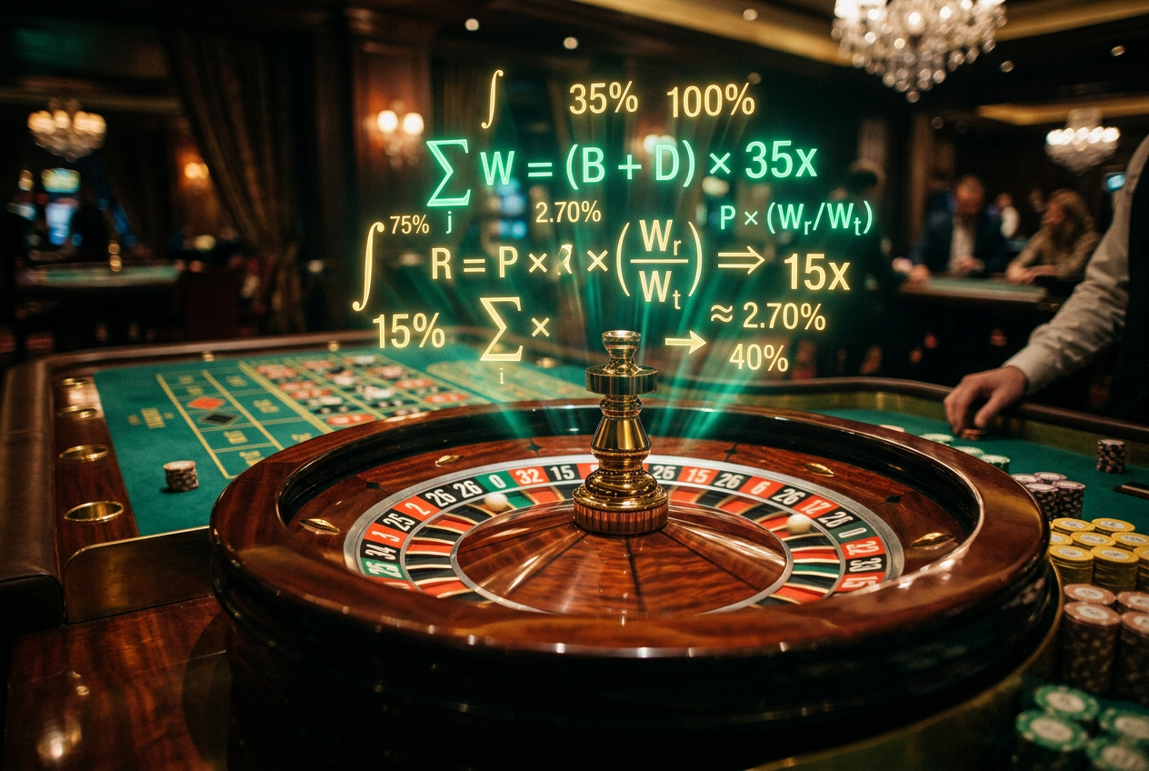 Abstract creative photography of casino elements with mathematical formulas overlay.